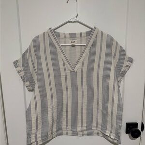 Pact Women's Cream and Blue Striped V-Neck Tee